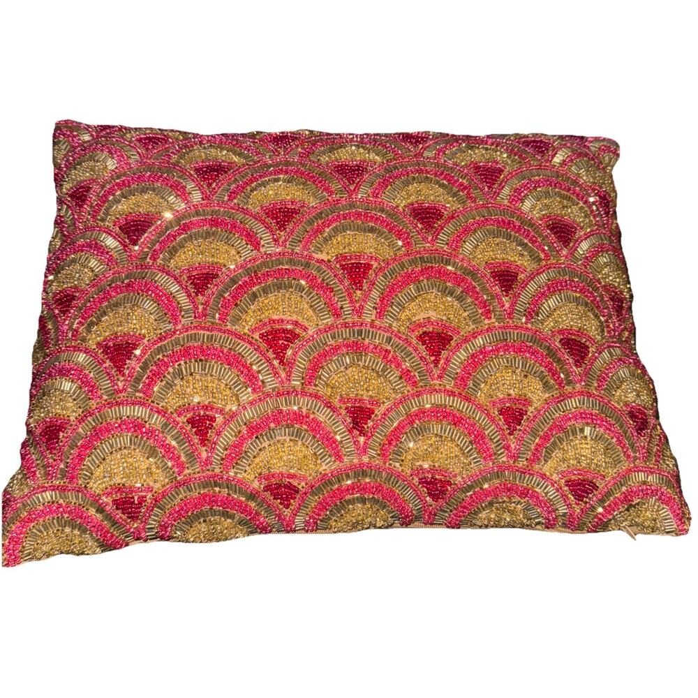 NWT India Pink And Gold Peacock Beaded Pillow Abstract Design 16x12"Decorative